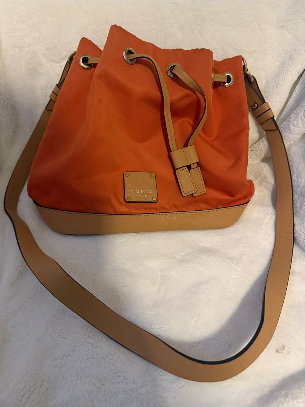 henri bendel Orange Nylon Drawstring Shoulder Bag with Tan Leather Trim